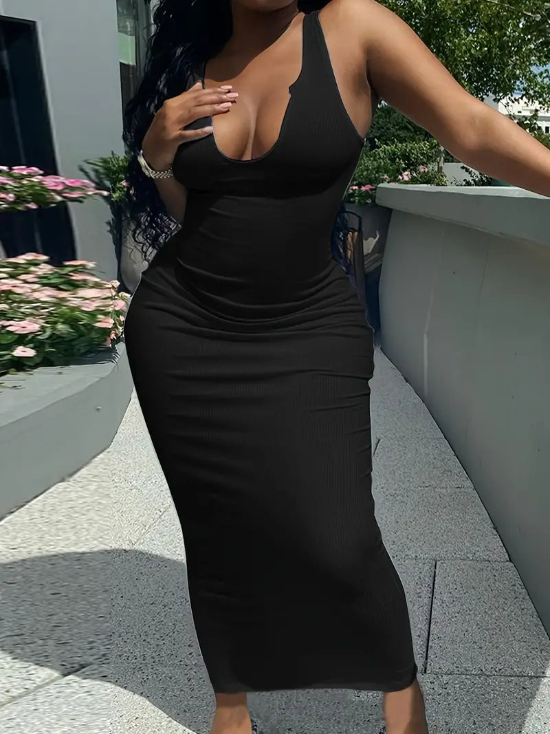 Flattering Solid Notched Neck Tank Dress