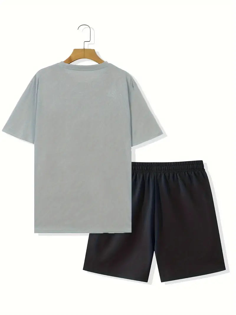 2pcs God Over Everything Print Casual Sports Sweatsuits - Short Sleeve T-shirt & Drawstring Shorts Regular Fit Outfits for Spring Summer